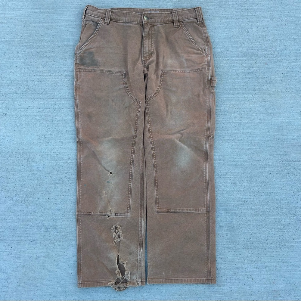 CARHARTT Tan Brown Double Knee Work Wear Pants Thrashed Relaxed Fit 34x30